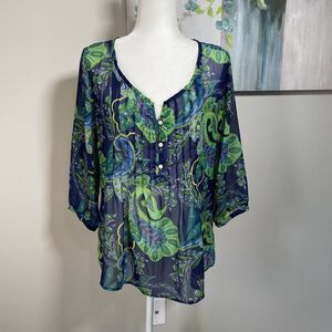 Old Navy Blue Green Tunic Size M Medium Tropical Button Sheer